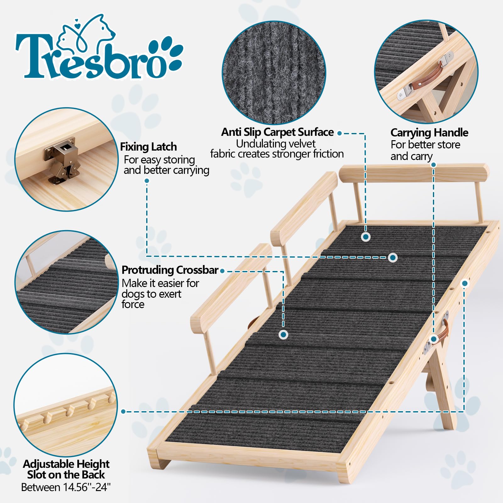 Tresbro dog ramp made from natural pine wood for sturdy, stylish access.