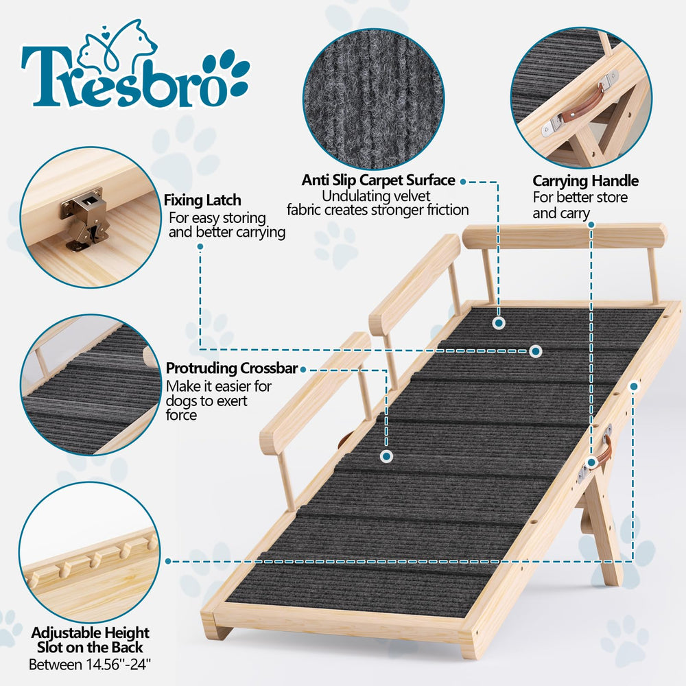 Tresbro dog ramp made from natural pine wood for sturdy, stylish access.
