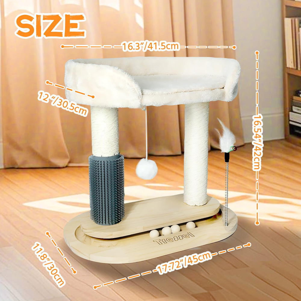 Tressel cat tree self-groomer brush adds gentle grooming during play.