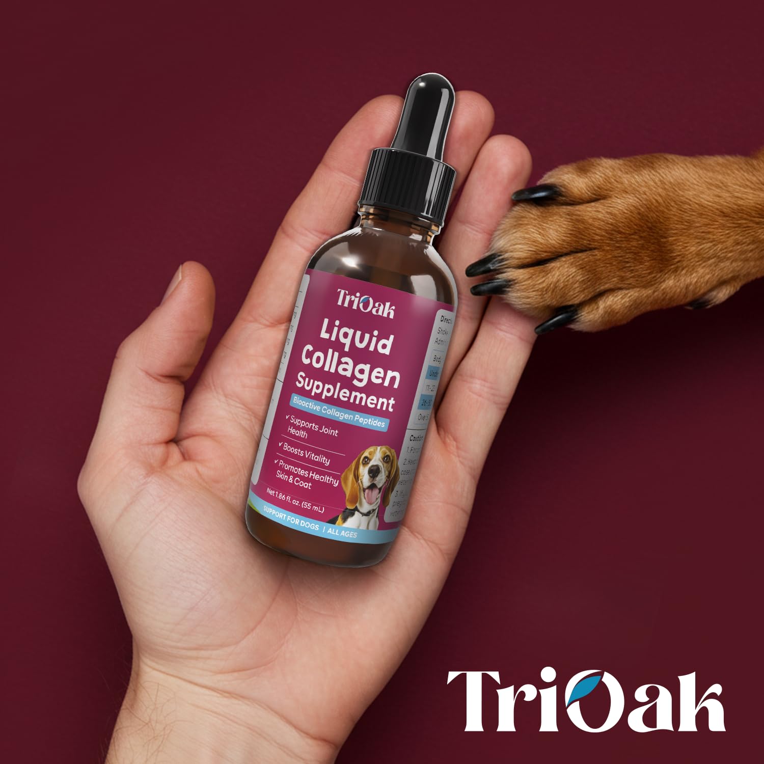 TriOak dog itch relief concept suggests soothing relief and seasonal comfort with drops
