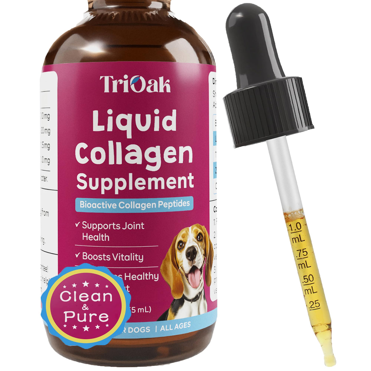TriOak liquid collagen for dogs bottle highlights joint support and skin hydration benefits