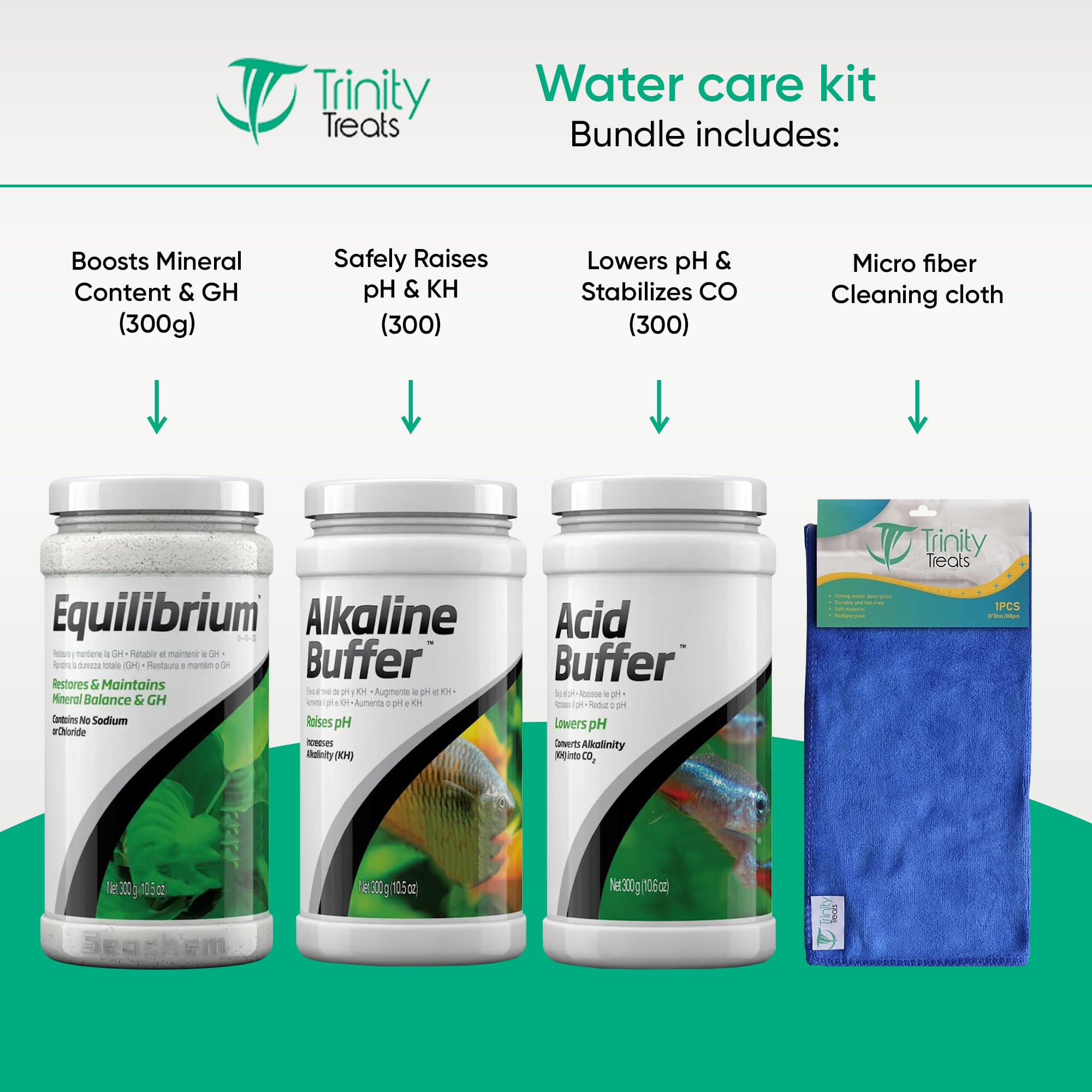 Trinity Treats Alkaline Buffer bottle raising pH for hard-water planted tanks.
