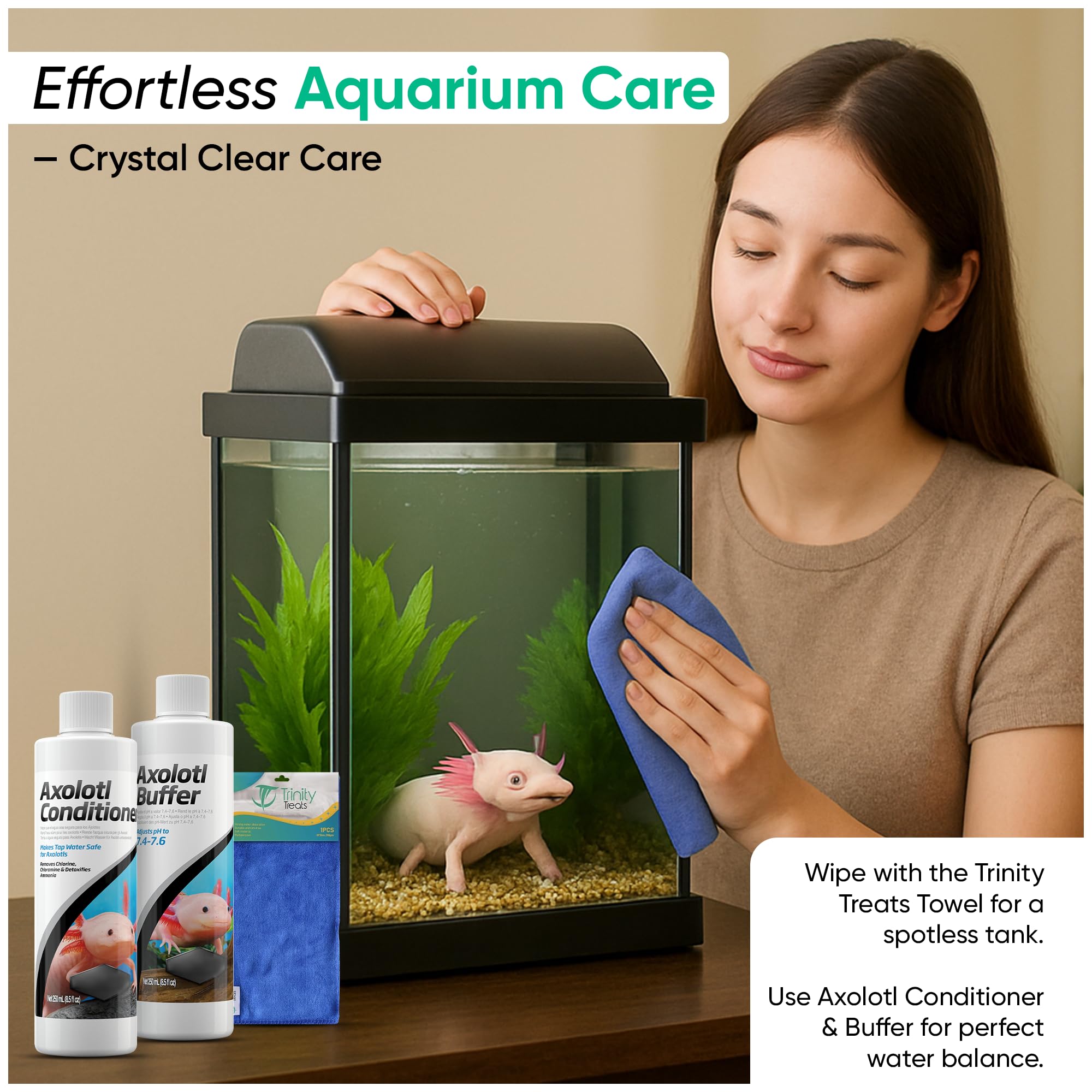 Trinity Treats axolotl care kit beside aquarium for everyday care tasks