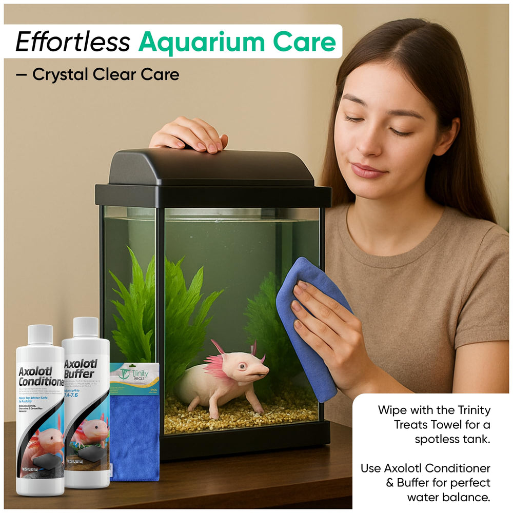 Trinity Treats axolotl care kit beside aquarium for everyday care tasks