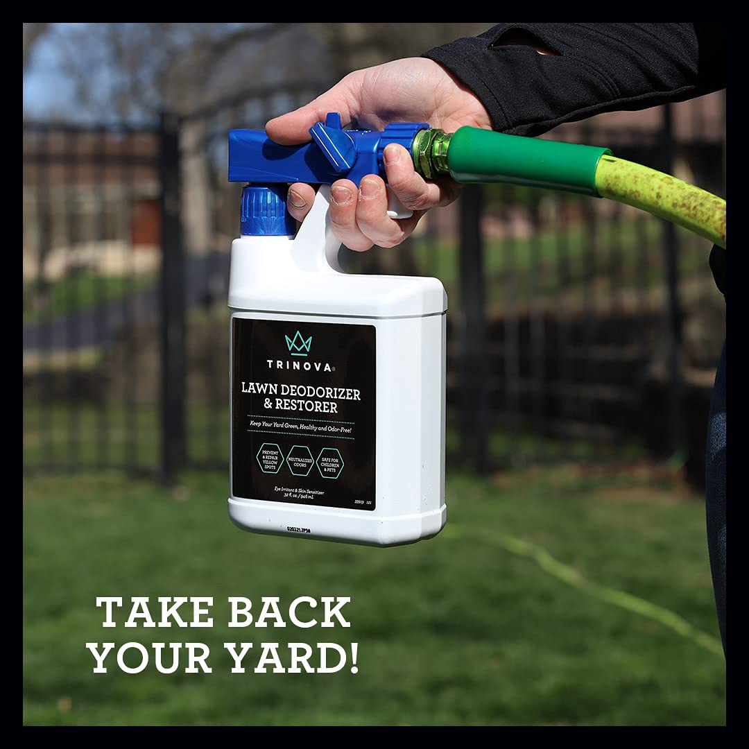 TriNova yard odor neutralizer application on soil targets urine odors and yellowing.