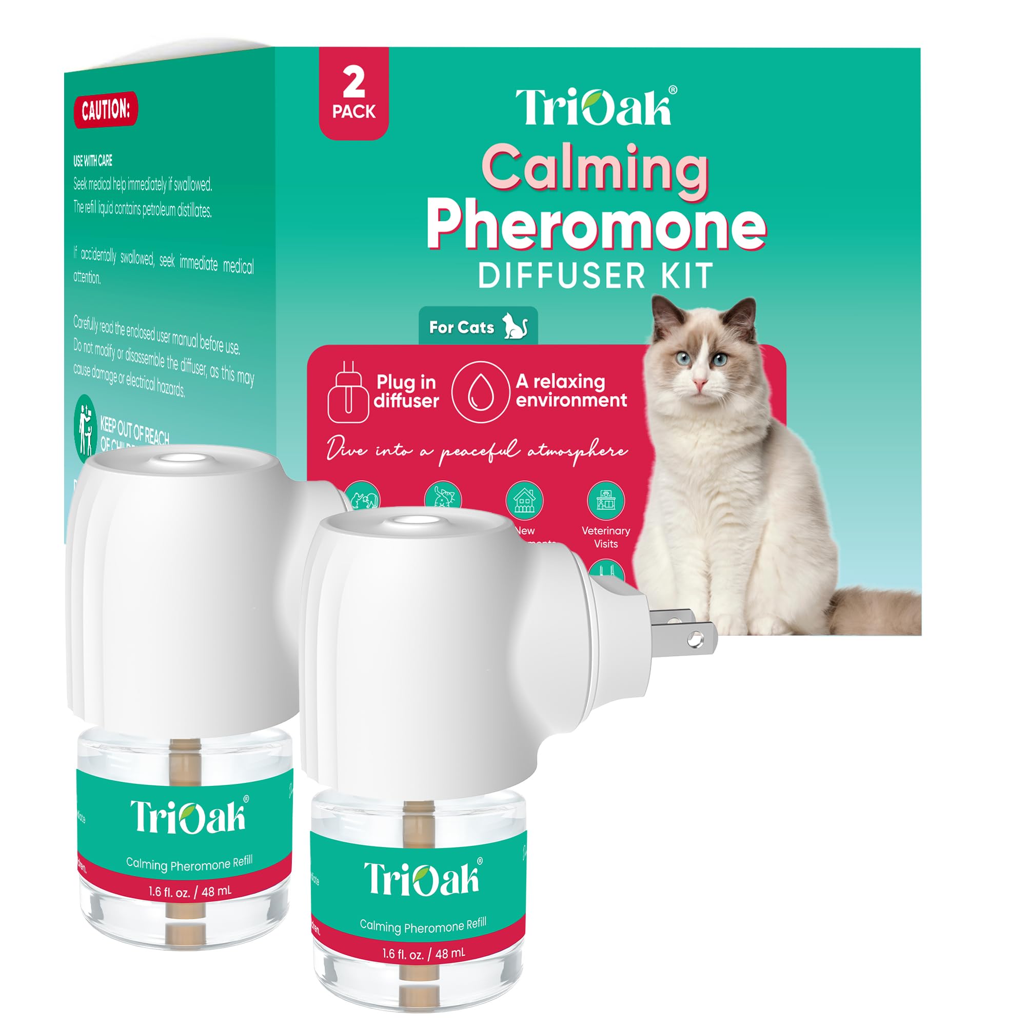 TriOak cat pheromones diffuser 2-pack mint front view highlights calming design for multiple rooms
