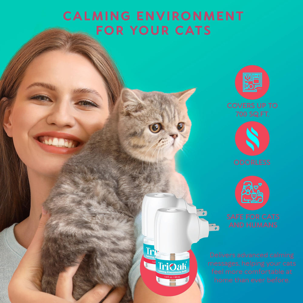 TriOak cat pheromones diffuser compact design closeup emphasizes discreet, odor-free calming