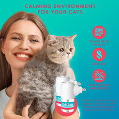 TriOak cat pheromones diffuser compact design closeup emphasizes discreet, odor-free calming