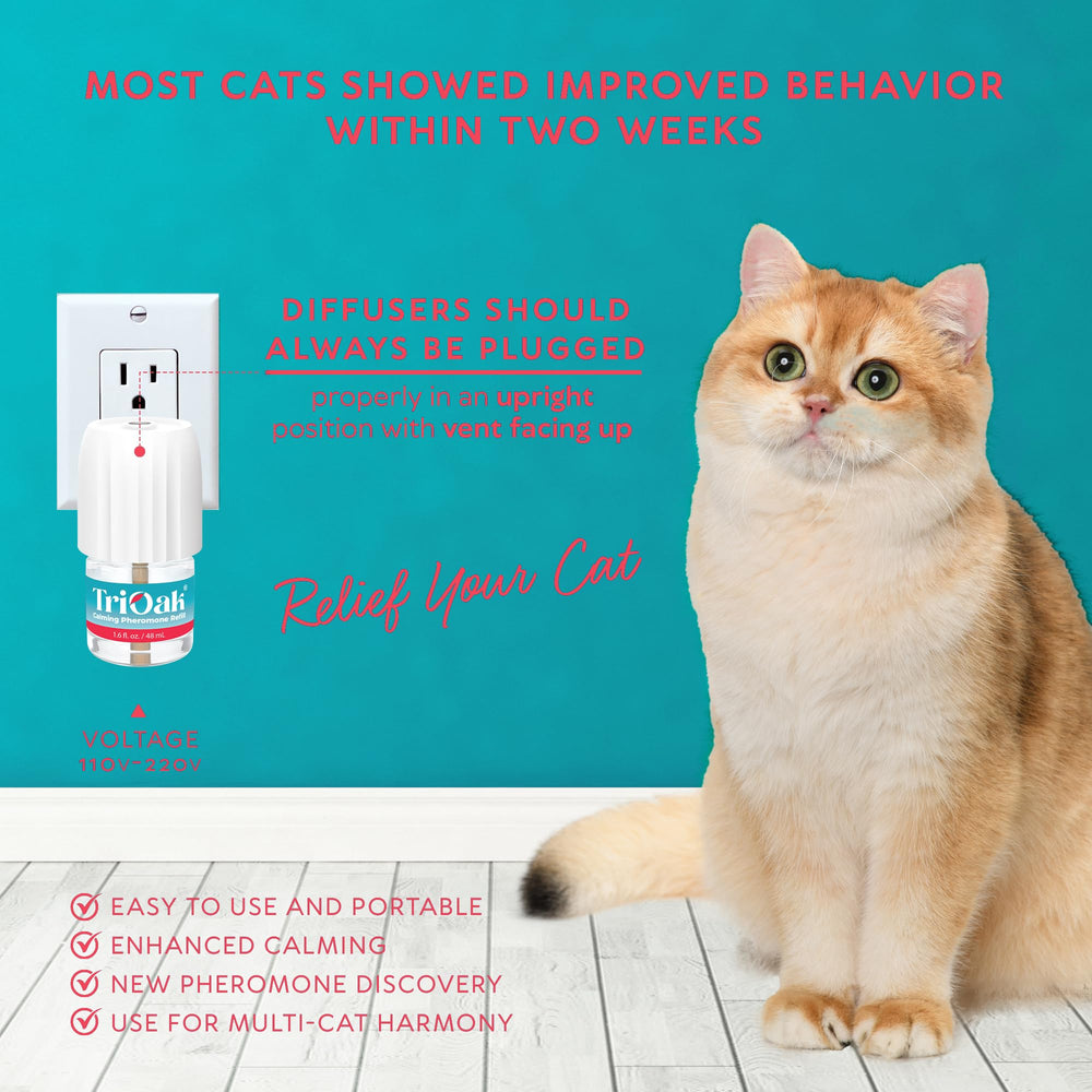 TriOak cat pheromones diffuser plug-in in outlet shows easy installation and consistent diffusion