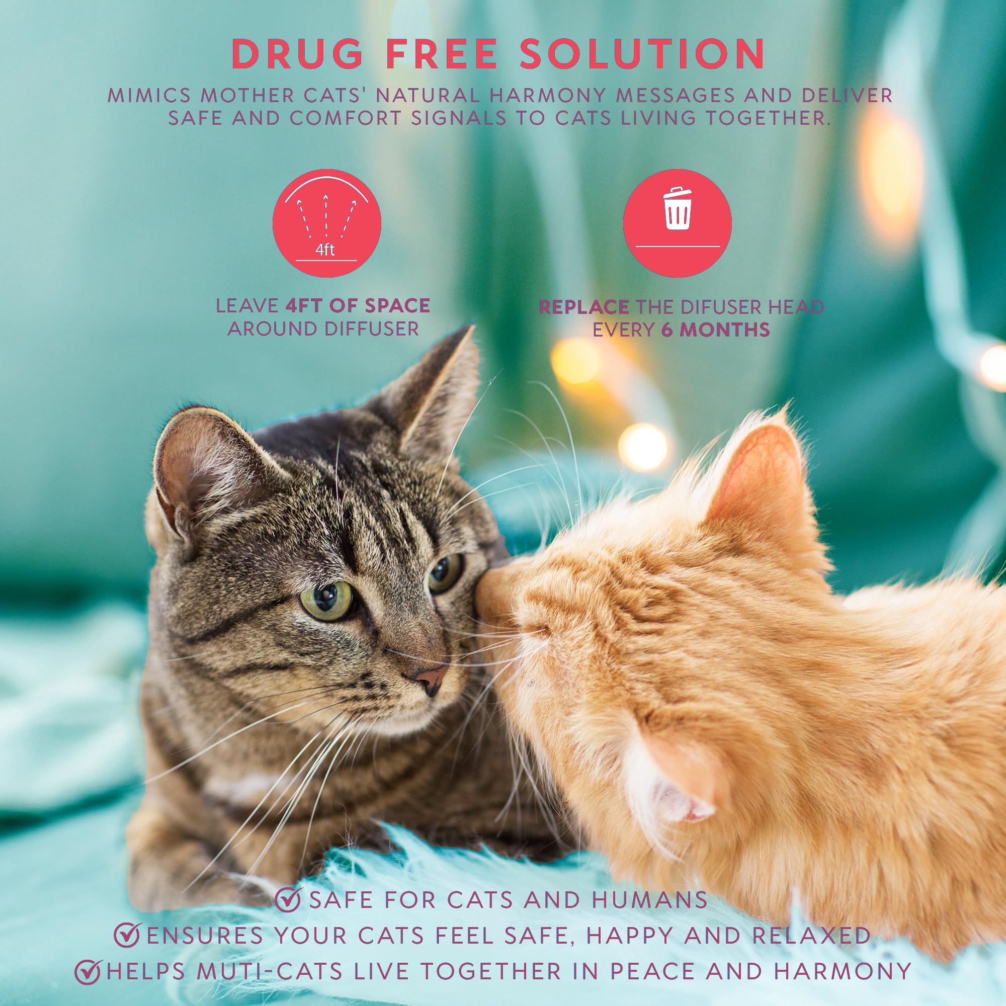 TriOak cat pheromones diffuser wide-area coverage highlights suitability for living rooms and hallways