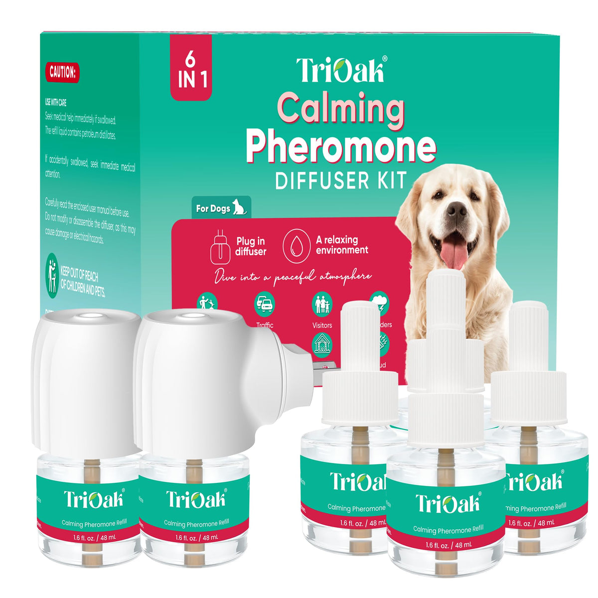 TriOak dog-pheromone-diffuser-teal calms anxious dogs in shared spaces