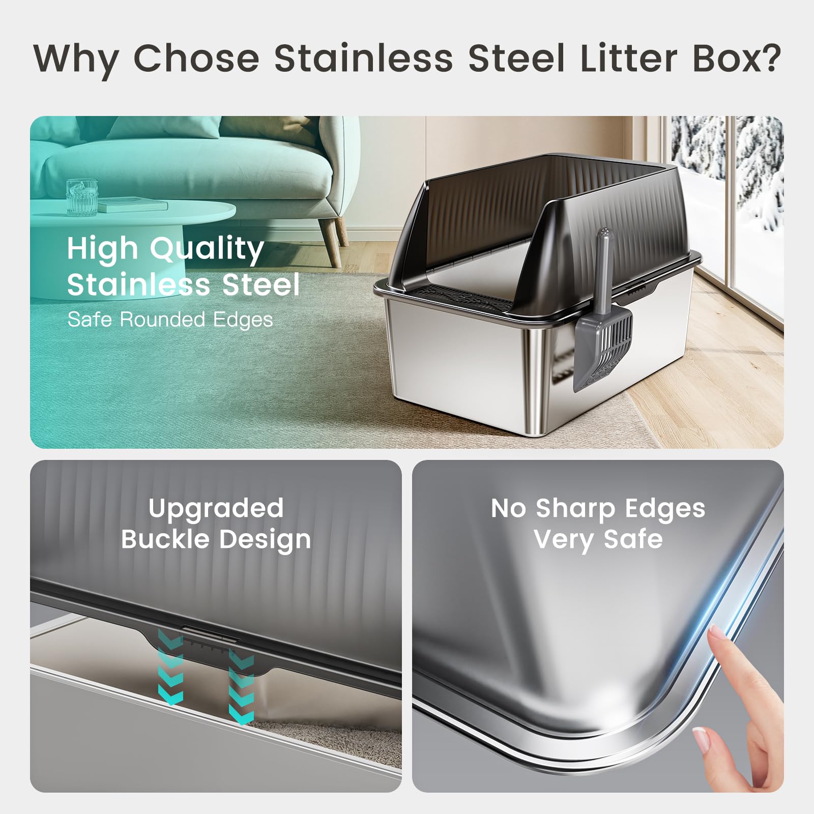 Tripamin closeup reveals rust-resistant stainless steel and easy-to-clean surface.