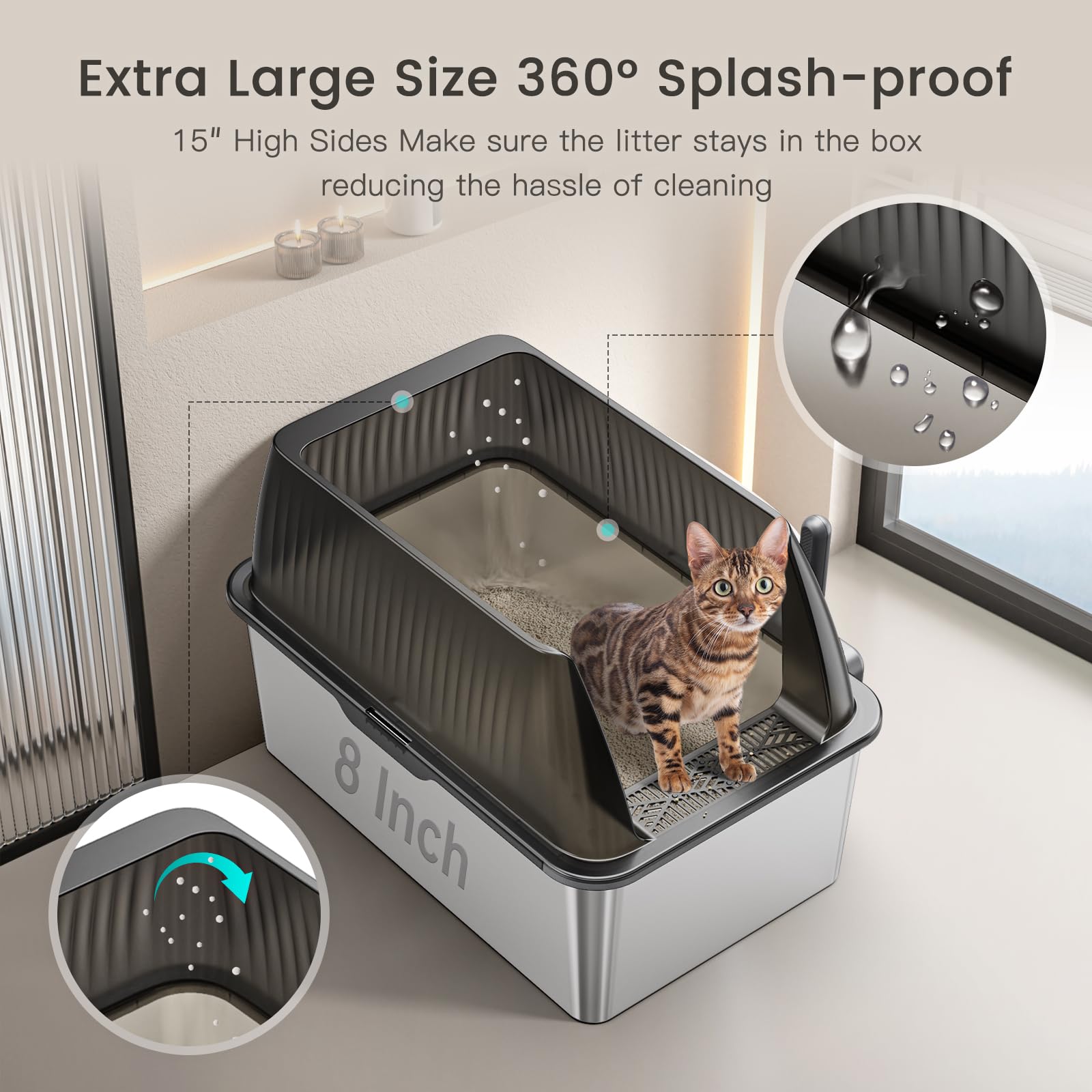 Tripamin stainless steel litter box with lid demonstrates secure top for tidy use.