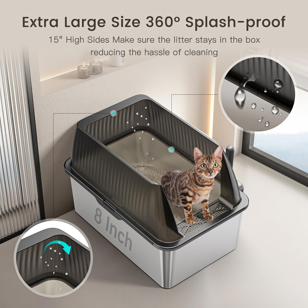 Tripamin stainless steel litter box with lid demonstrates secure top for tidy use.