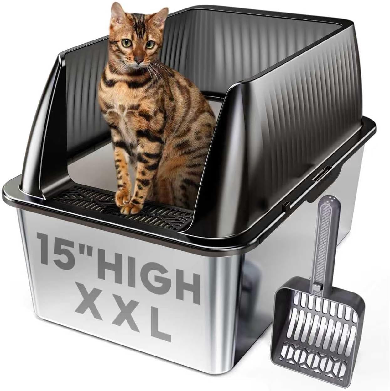 Tripamin XXL stainless steel litter box front view showing spacious area for large cats.
