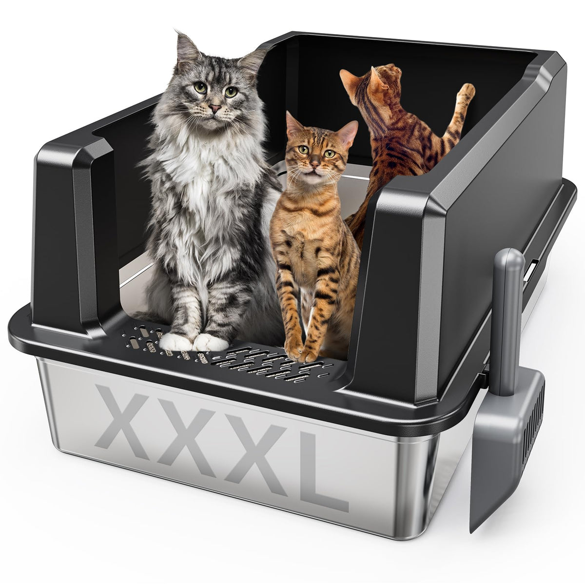 Tripamin XXL stainless steel litter box side view highlighting high sides for containment