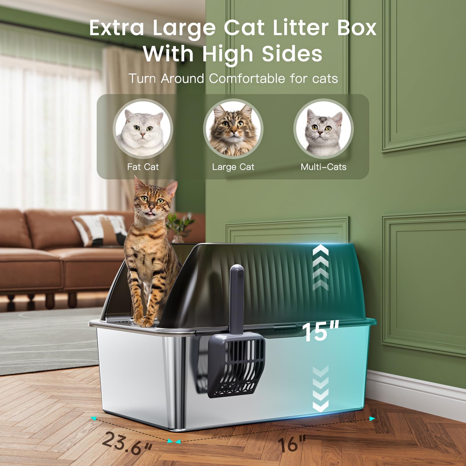 Tripamin XXL stainless steel litter box side view highlights high sides to reduce scatter.