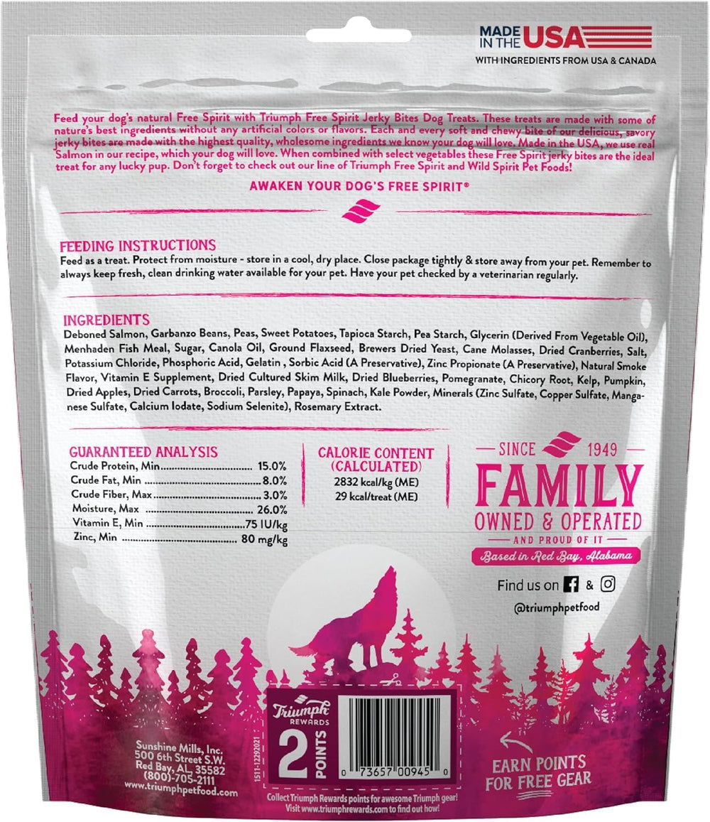 Triumph Free Spirit Jerky Bites with salmon and sweet potato—grain-free ingredients.