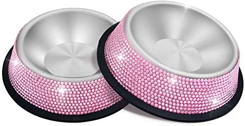 Triumilynn pink rhinestone bowls provide stylish safety for dry kibble and water