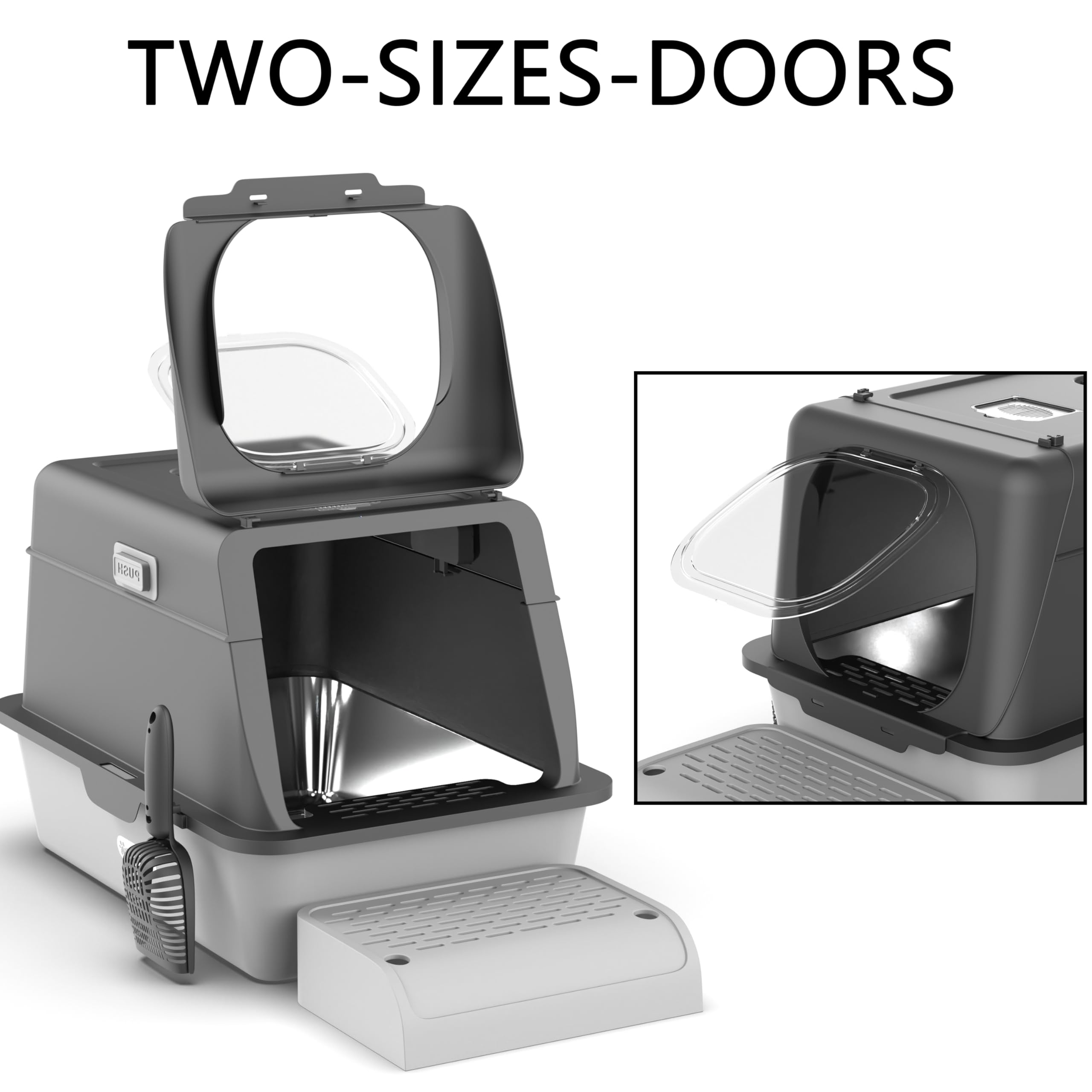 Trivico stainless steel litter box front view highlights durability and spacious interior