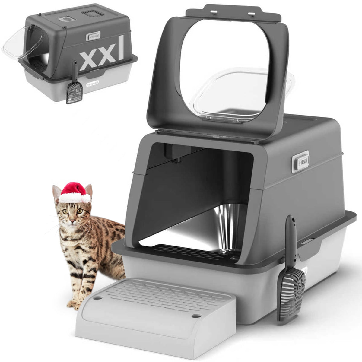 Trivico XX-Large stainless steel litter box with lid, top view shows enclosed design with odor control