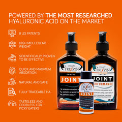 TRIXSYN Canine liquid hylauronan bottle highlights joint support potential.