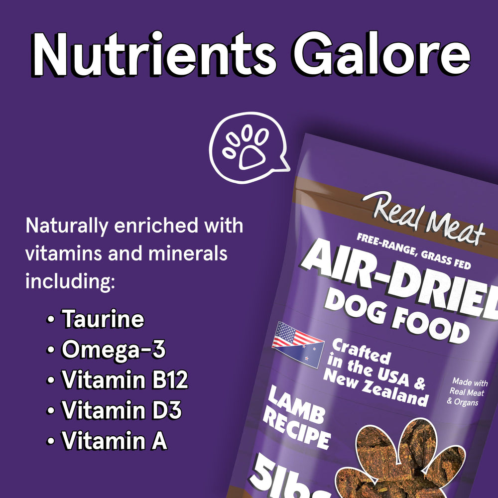 TRMC Real Meat Air-Dried Dog Food with Real Lamb bites served in bowl.