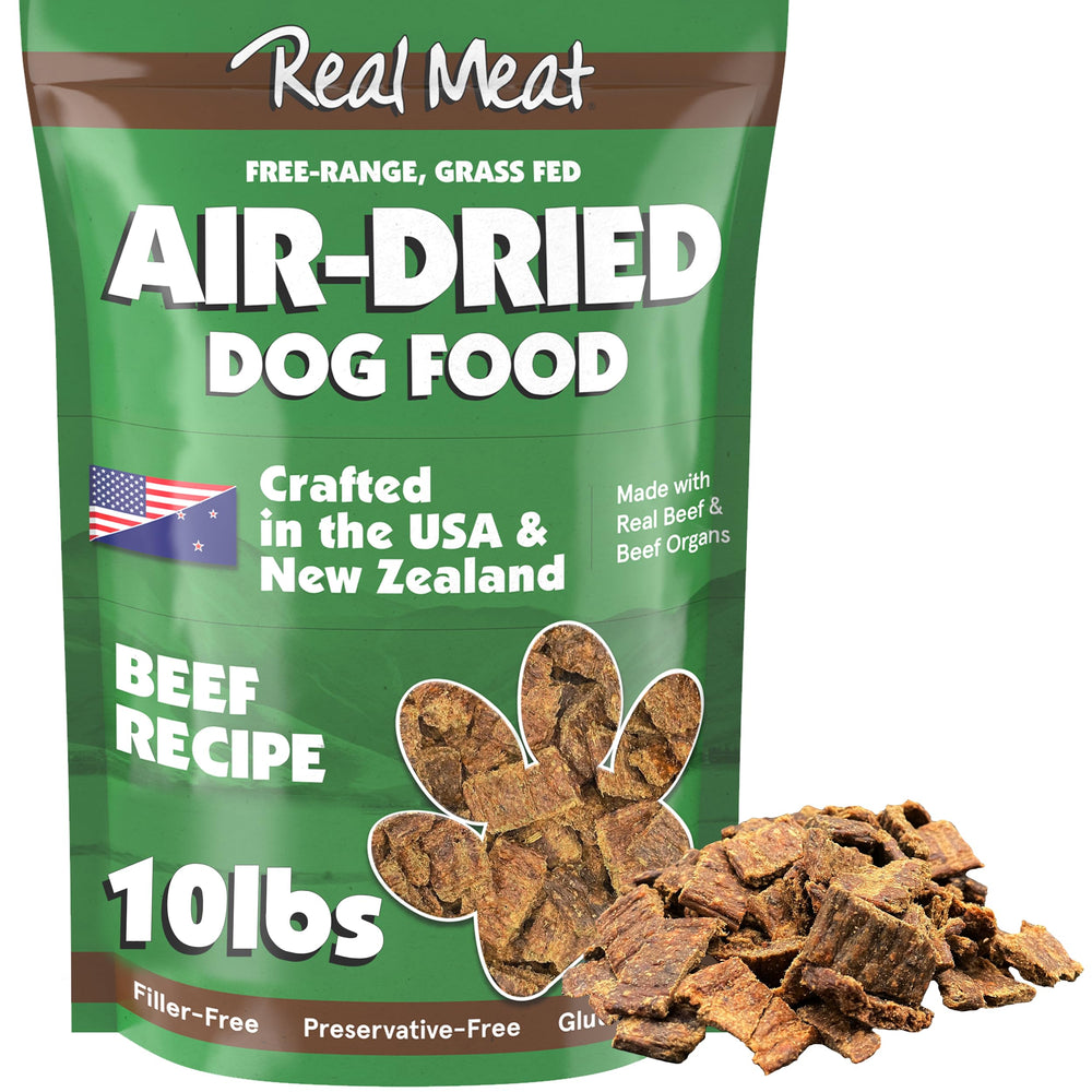 TRMC real meat air-dried dog food beef bag 10lb highlighting high-protein serving