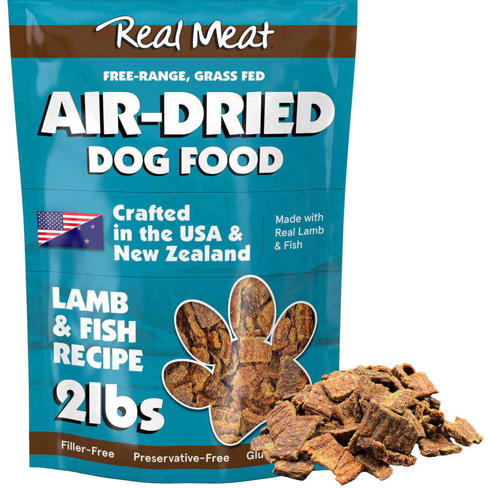 TRMC real meat air dried dog food 2lb bag highlighting high-protein lamb and fish.