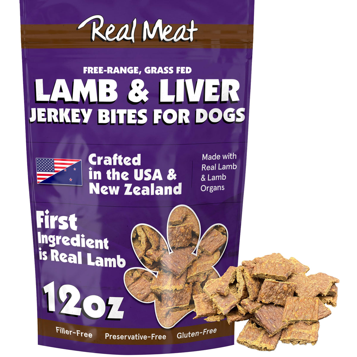 TRMC Real Meat Dog Treats 12oz bag front showcases premium real meat for tasty rewards.