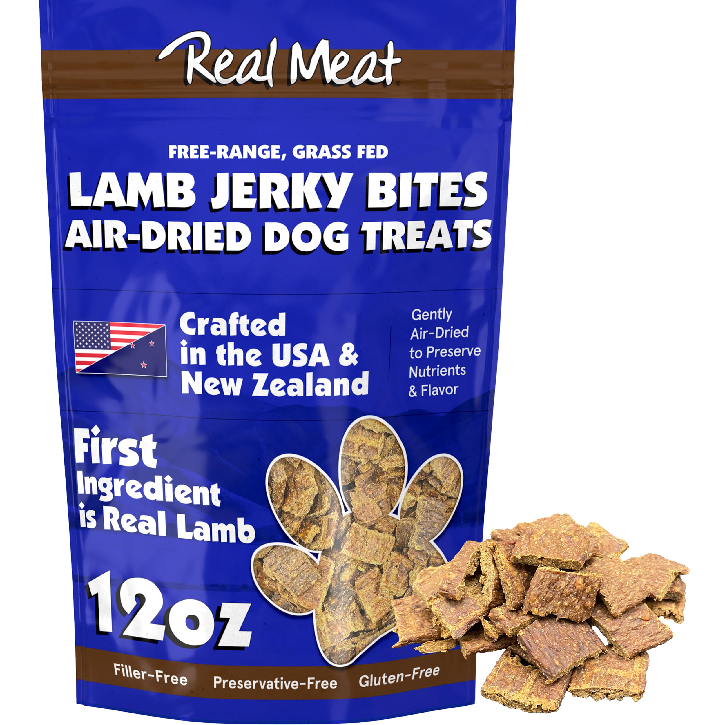 TRMC Real Meat Dog Treats bag 12oz highlights premium lamb for rewarding training sessions.