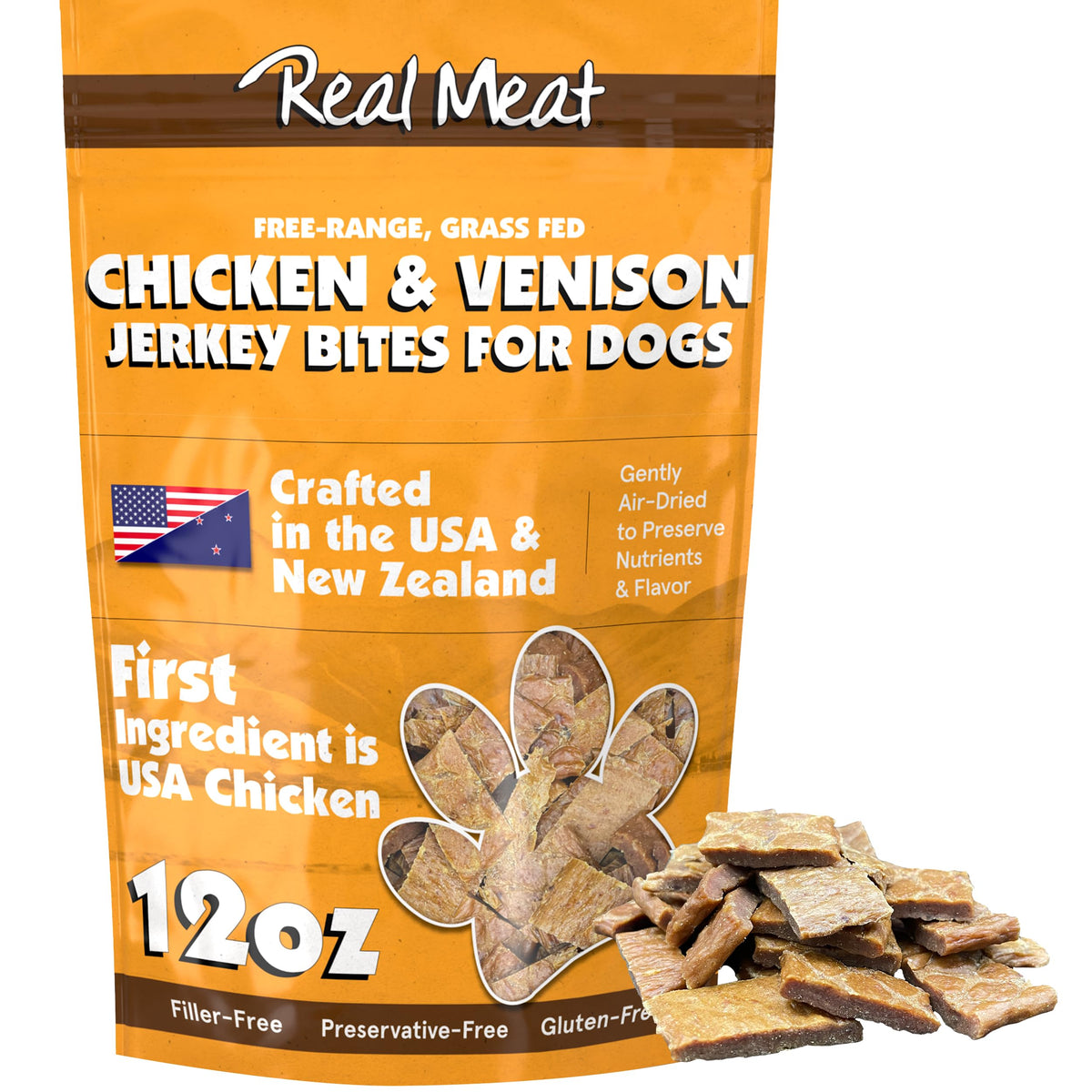 TRMC Real Meat Dog Treats bag front shows premium real meat for tasty training rewards.