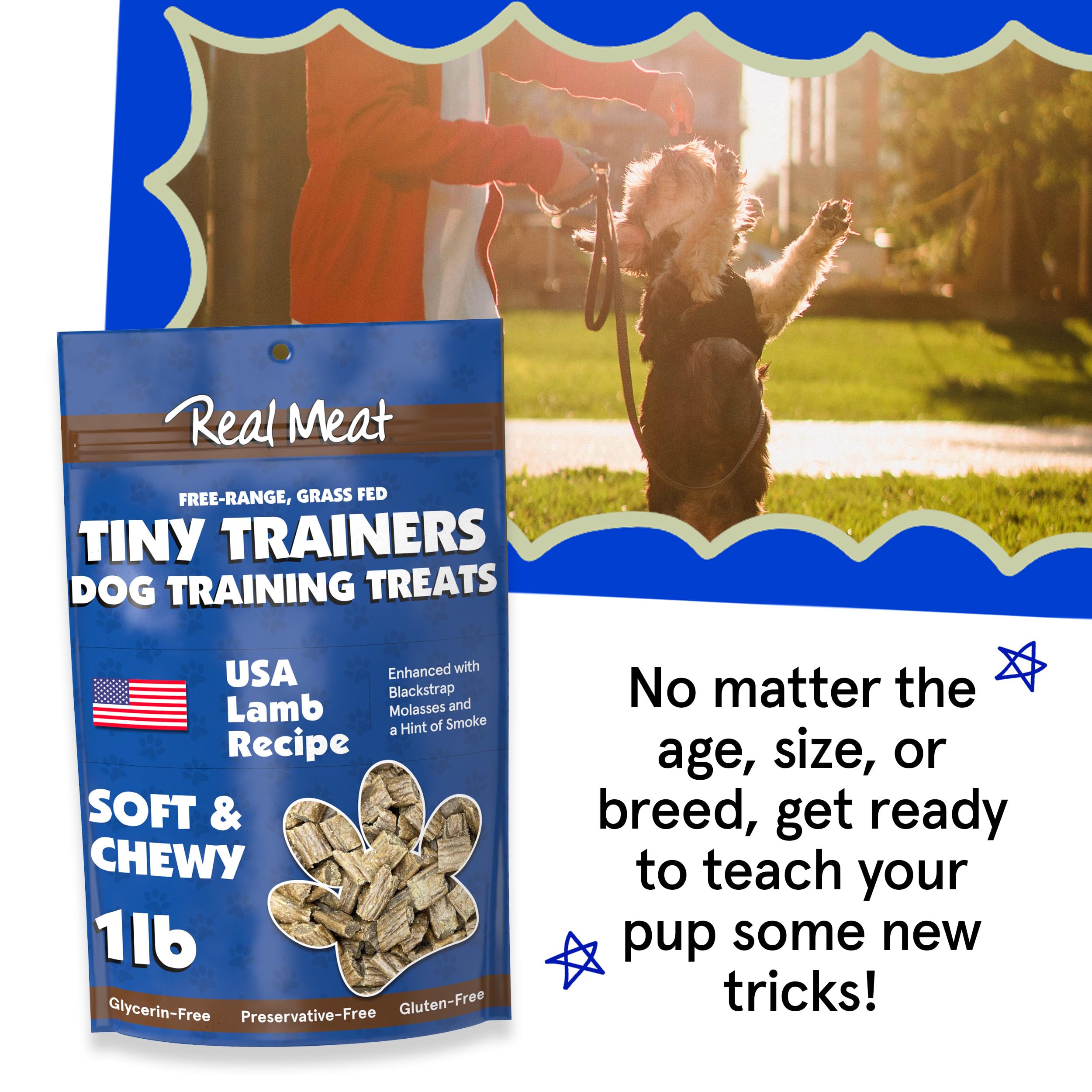 TRMC Real Meat Tiny Trainer Bites air-dried process shown for preserved flavor.