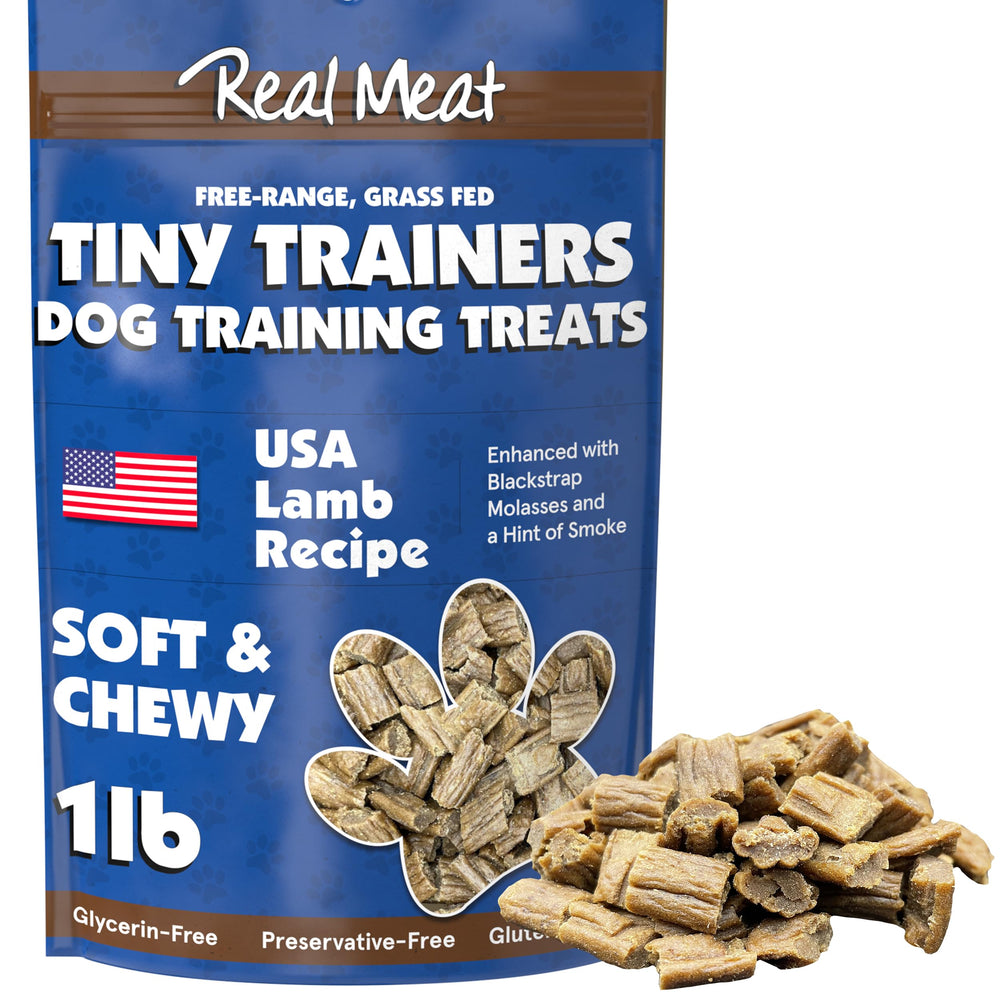 TRMC Real Meat Tiny Trainer Bites packaging highlights training rewards for dogs.