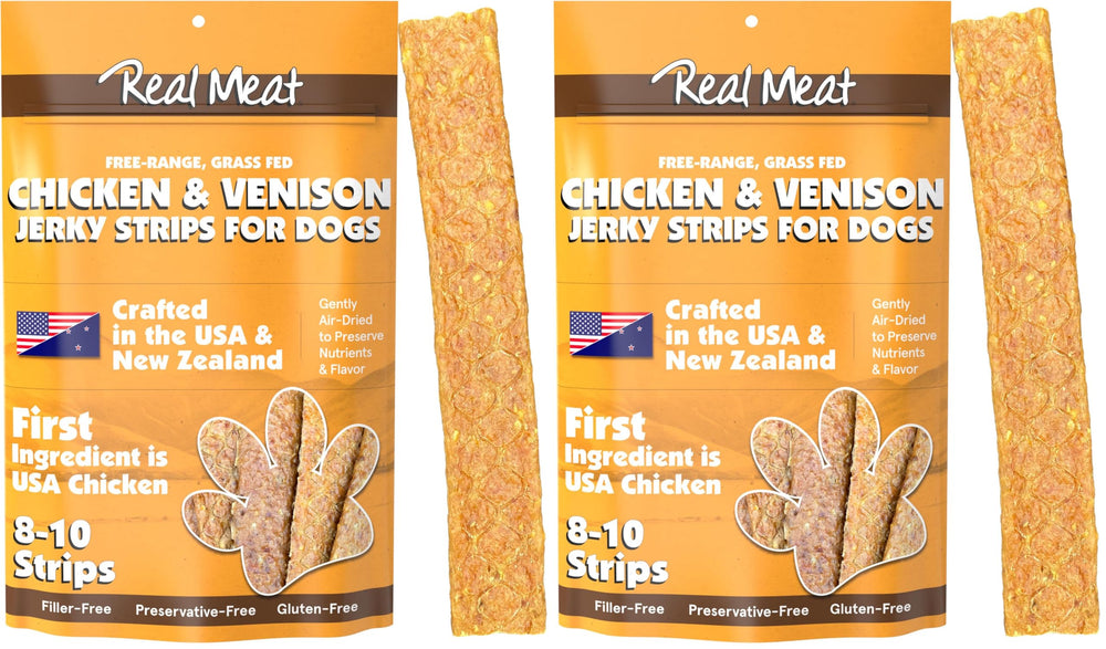TRMC real meat venison and chicken jerky dog treats—premium protein for active dogs.