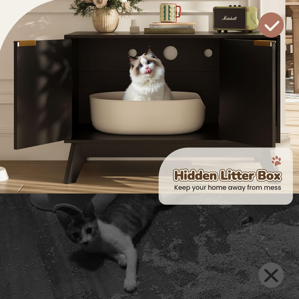 TROJM cat enclosure door open shows built-in scratching pad for claws.