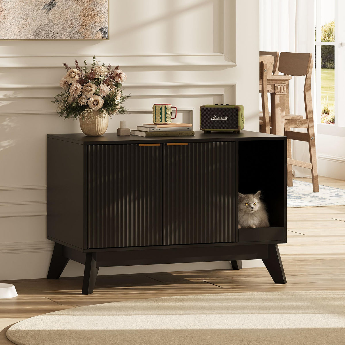 TROJM cat litter box enclosure front view highlighting hidden litter and tidy living room appeal.