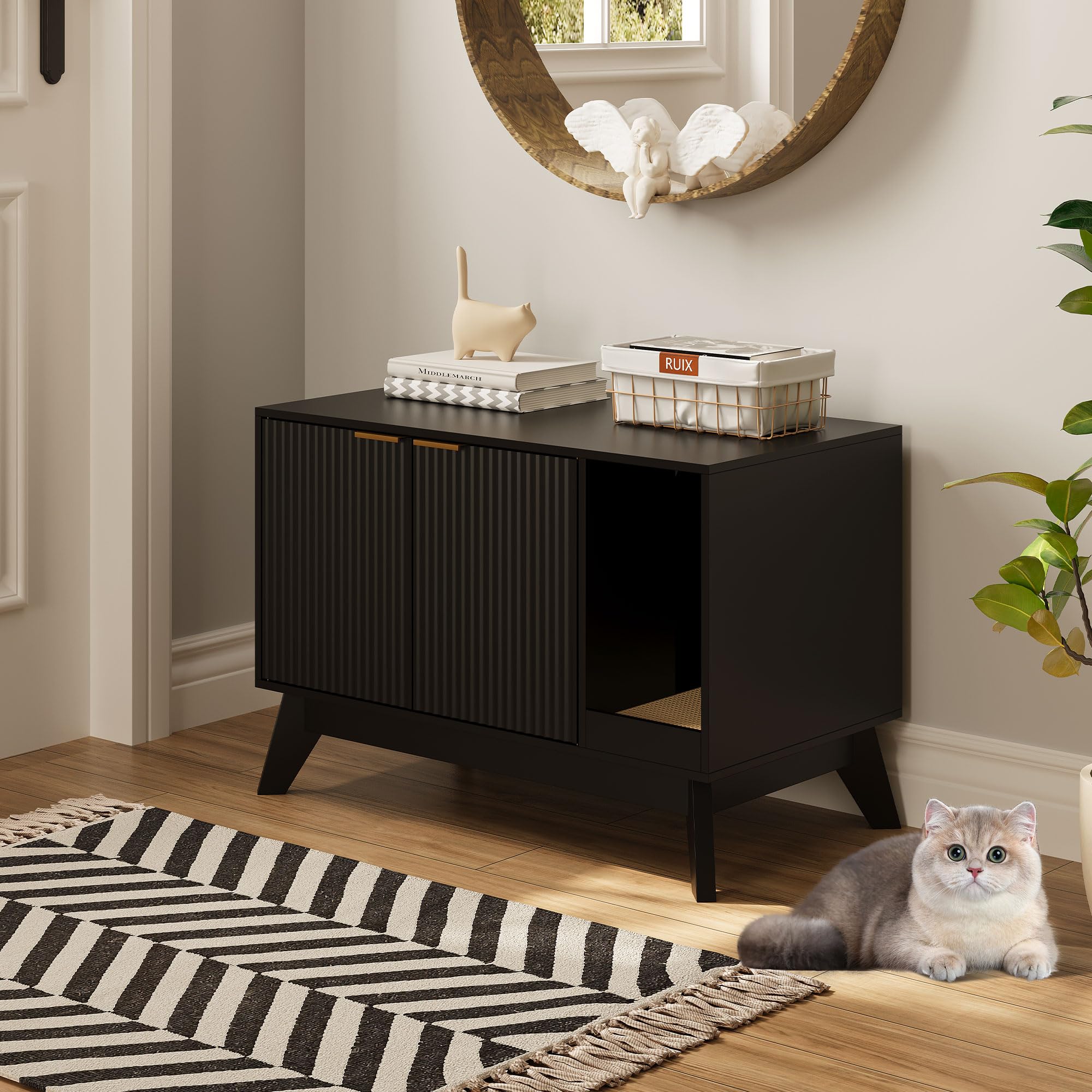 TROJM living room setup showing room-appropriate furniture and feline-friendly space.
