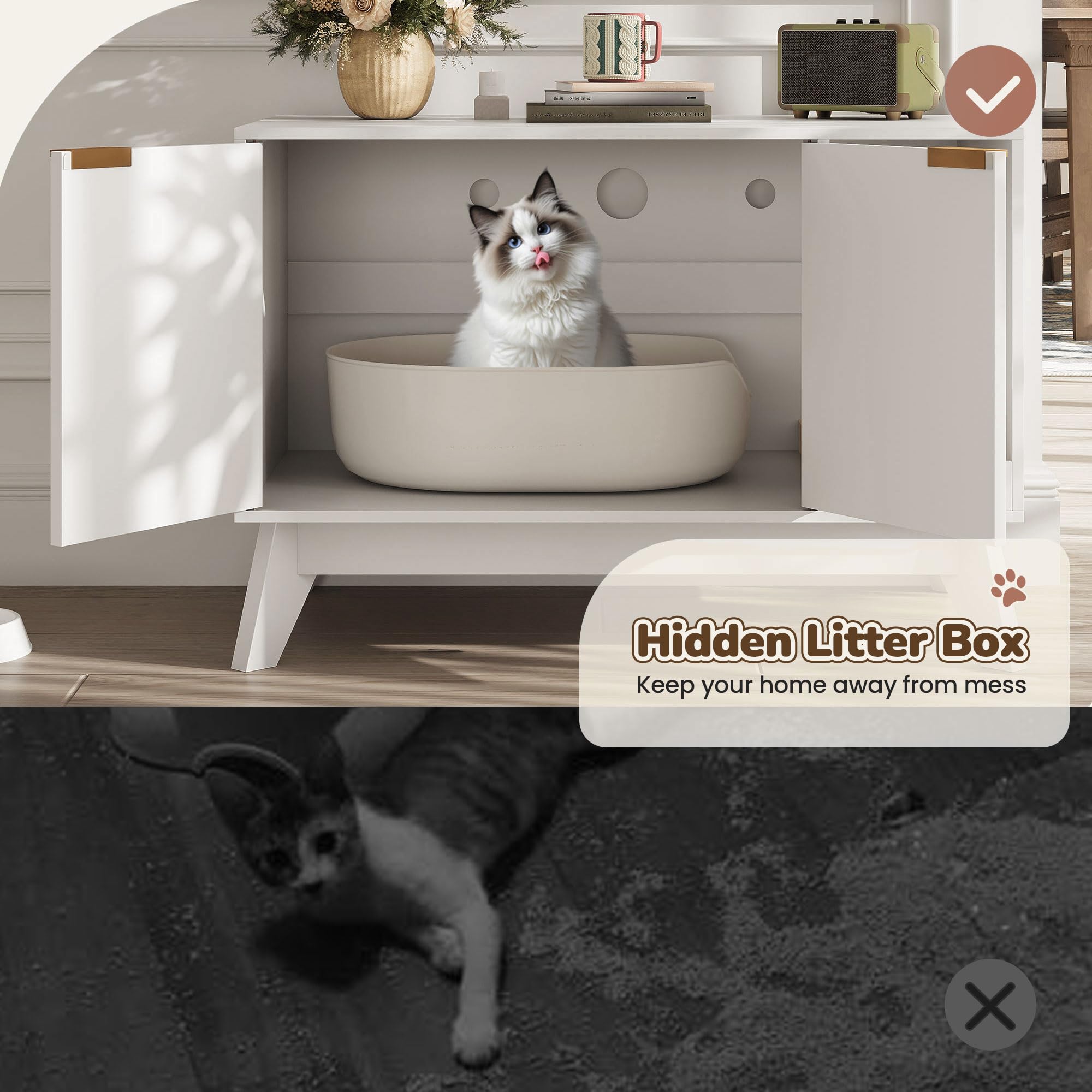 TROJM cat litter box enclosure built-in scratching pad helps protect furniture and satisfy claws.