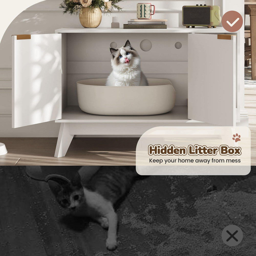 TROJM cat litter box enclosure built-in scratching pad helps protect furniture and satisfy claws.