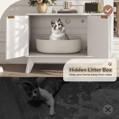 TROJM cat litter box enclosure built-in scratching pad helps protect furniture and satisfy claws.