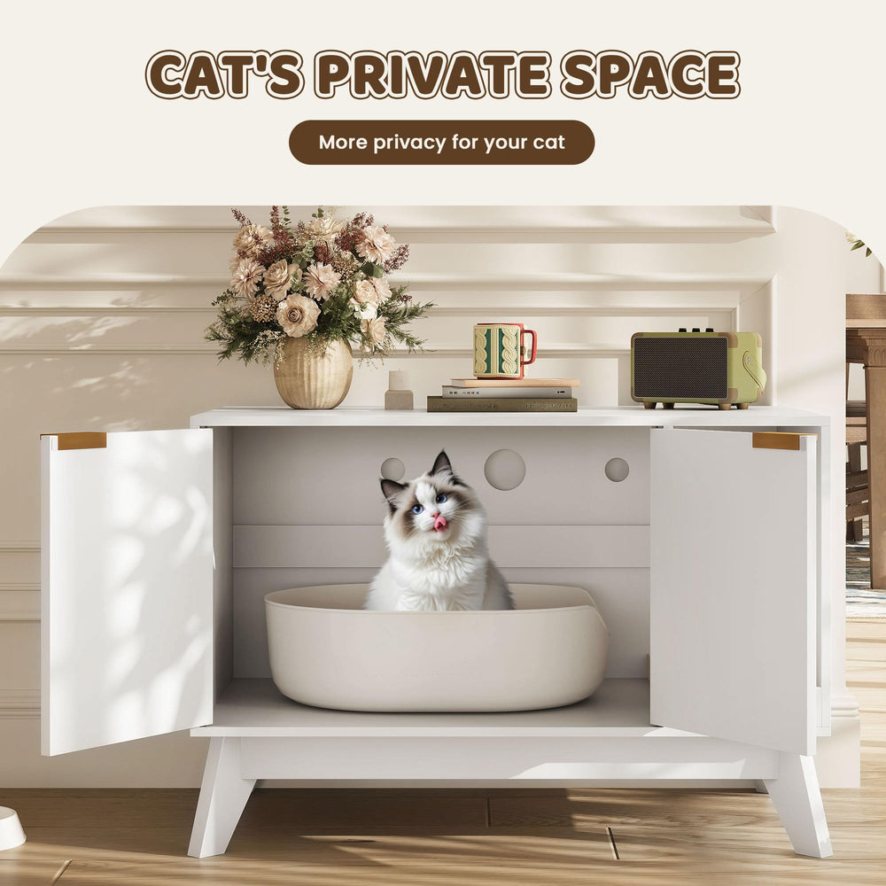 TROJM cat litter box enclosure wood-finish cabinet adds natural style to living spaces.