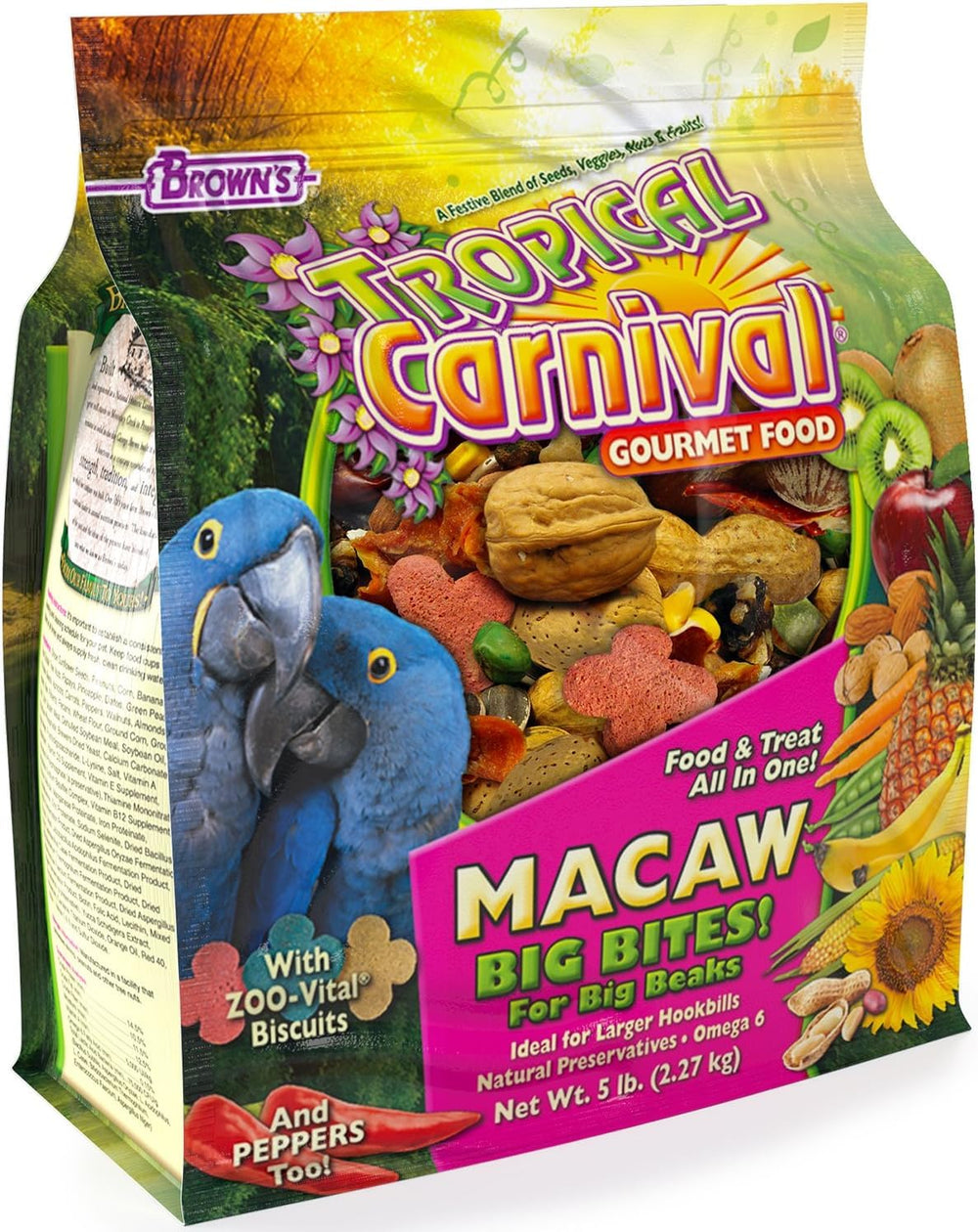 Tropical Carnival macaw food bag front highlights vitamin-nutrient fortified daily diet.