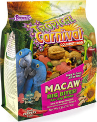 Tropical Carnival macaw food bag front highlights vitamin-nutrient fortified daily diet.