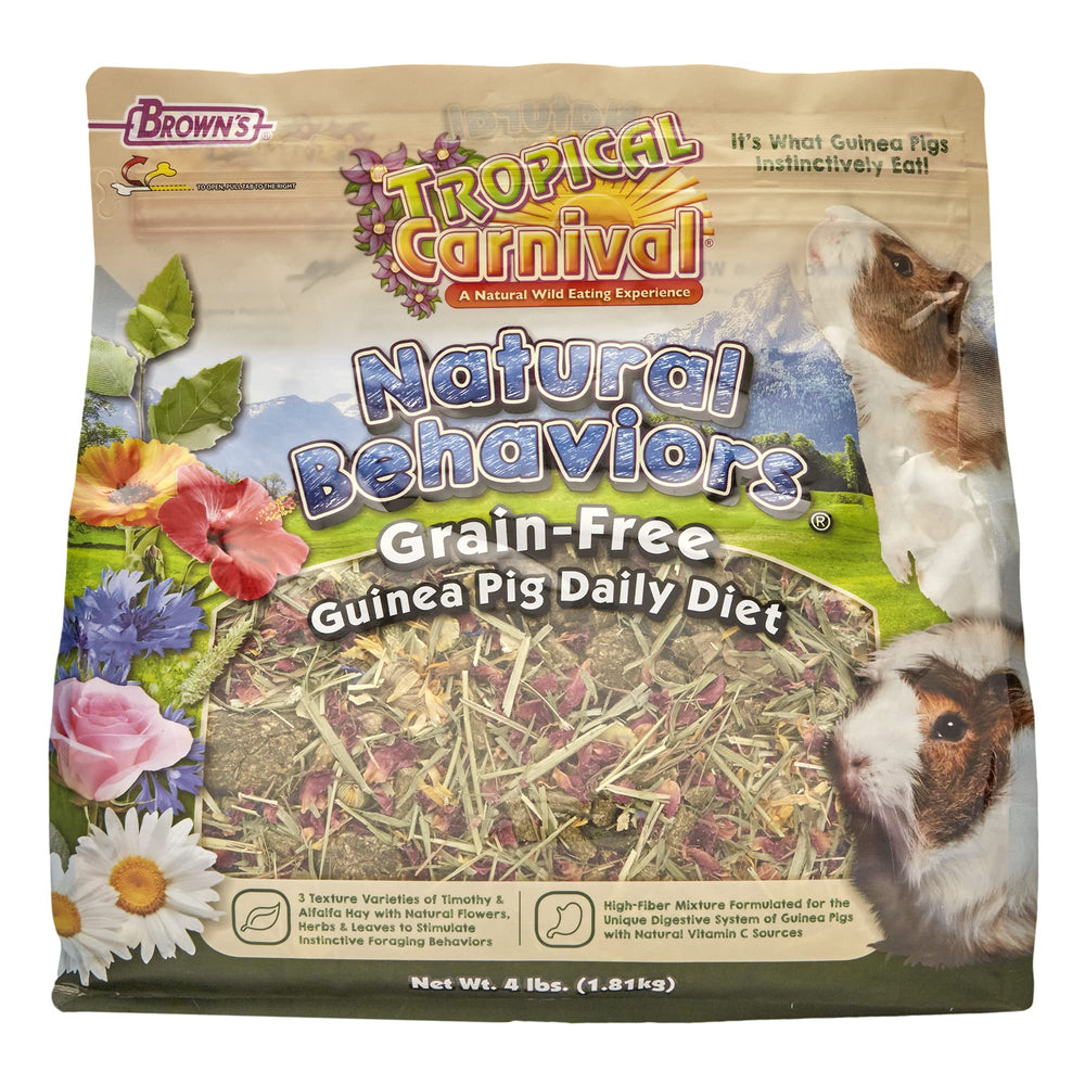 Tropical Carnival Natural Behaviors packaging with reseal keeps portions fresh for convenient feeding.
