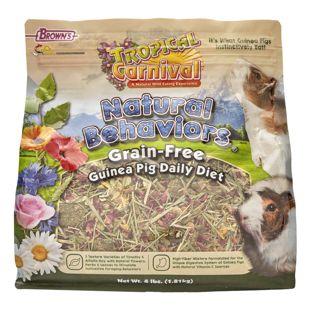 Tropical Carnival Natural Behaviors packaging with reseal keeps portions fresh for convenient feeding.