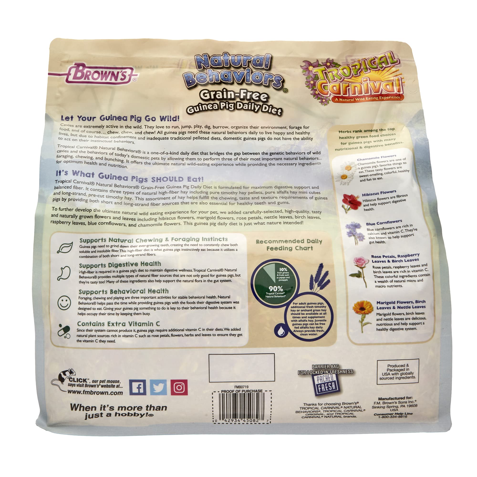 Tropical Carnival Natural Behaviors ingredients highlight hibiscus, rose, chamomile for a natural diet.