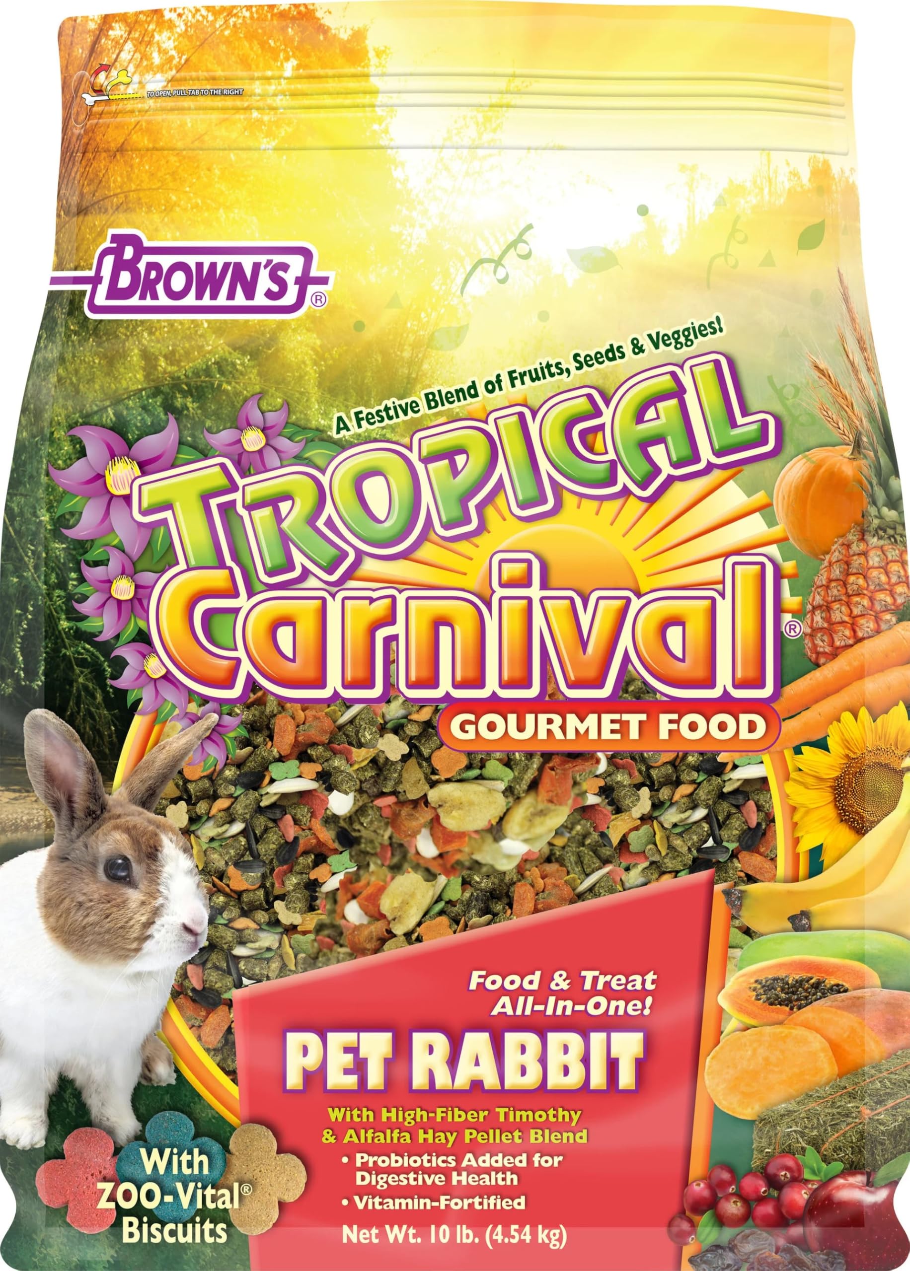 Tropical Carnival Rabbit Food bag highlights high-fiber nutrition for healthy digestion and daily feeding.
