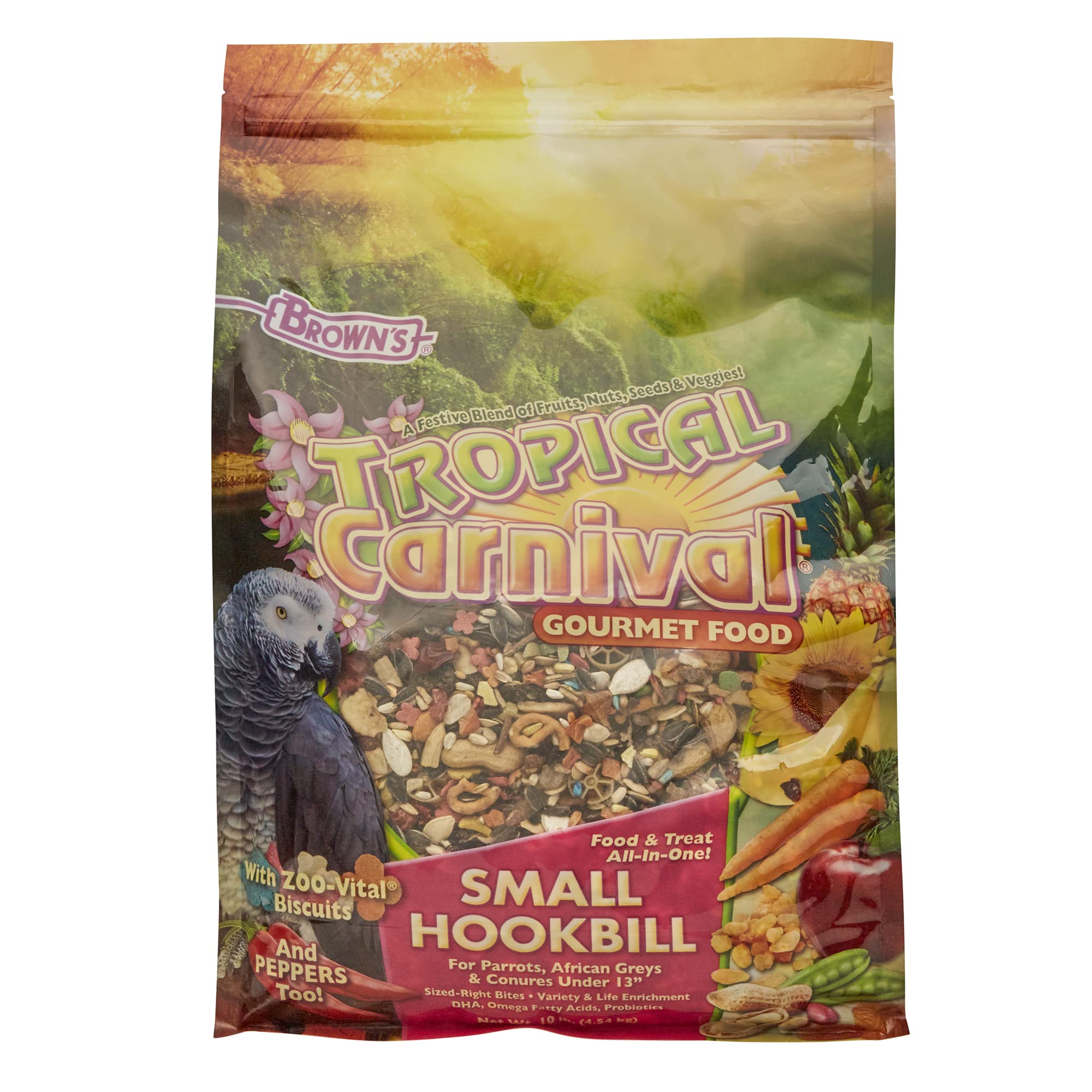 Tropical Carnival Small Hookbill Food bag image shows premium daily nutrition for small parrots.