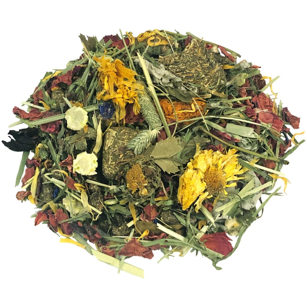 Tropical Carnival Timothy hay blend close-up highlighting high-fiber nutrition for digestion.
